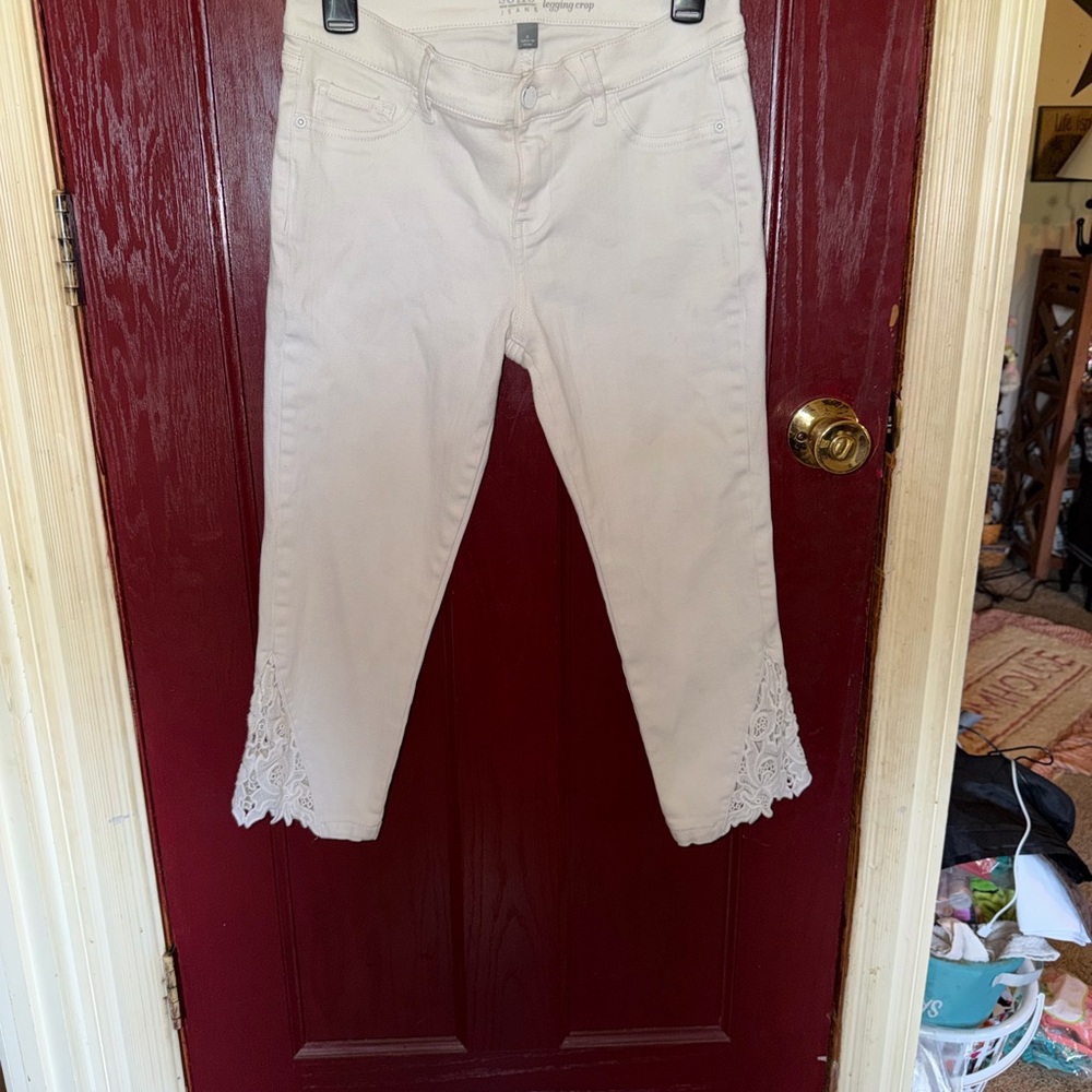 New York & Company Cream Lace-Hem Cropped Jeans